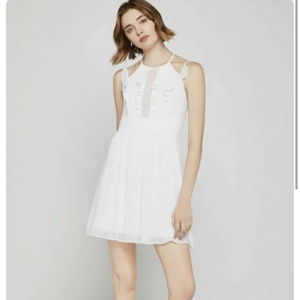 BCBG White Sleeveless Ruffle Front Mini Dress, Size 8